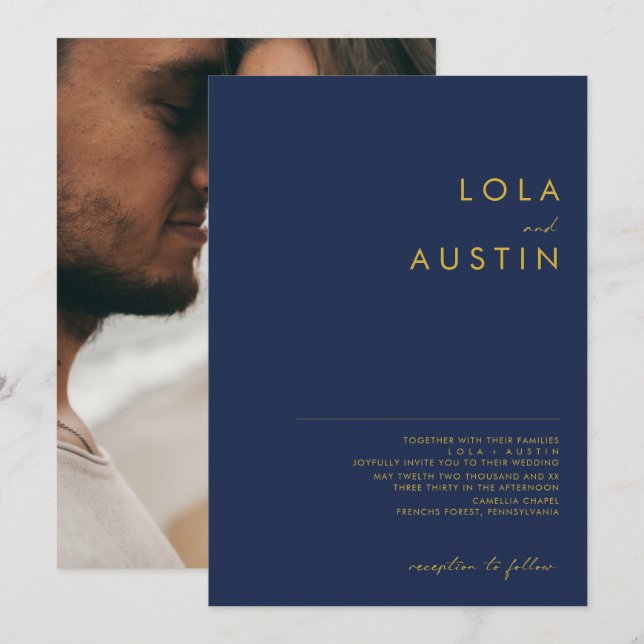Modernes Minimalistisches Navy Blue | Hochzeit von Einladung (Vorne/Hinten)
