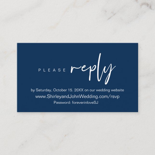 Modernes Minimalistisches, Navy Blue Script, Onlin Begleitkarte (Vorderseite)