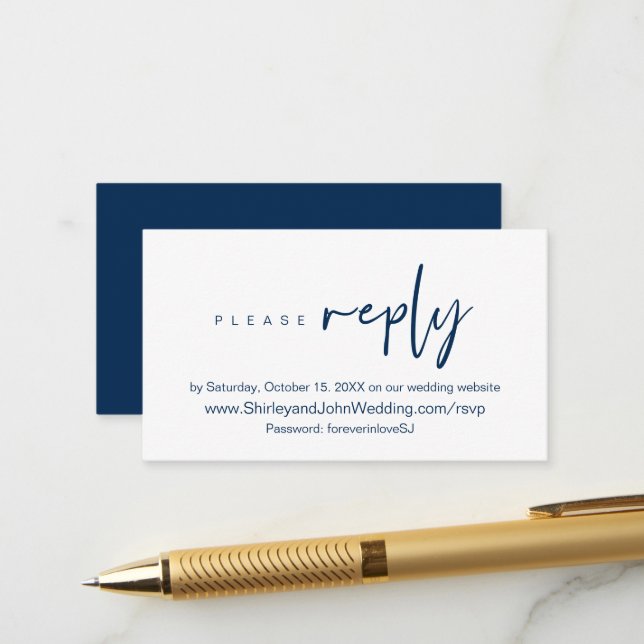 Modernes Minimalistisches, Navy Blue Script, Onlin Begleitkarte (Vorderseite/Rückseite Beispiel)