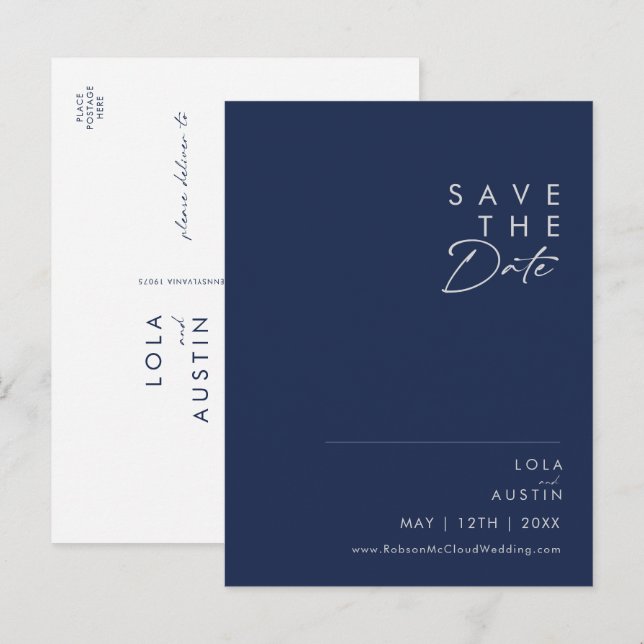 Modernes Minimalistisches Navy Blue | Silber Save  Einladungspostkarte (Vorne/Hinten)