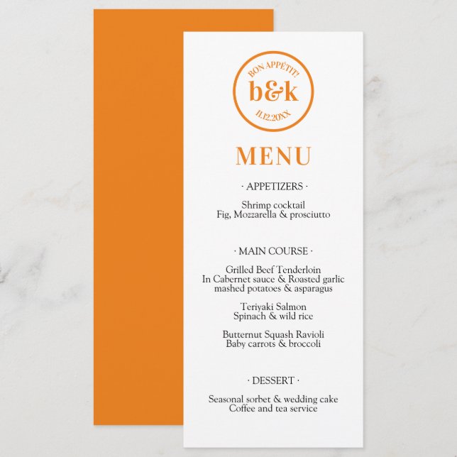 Modernes Minimalistisches Orange Wedding MENU Menükarte (Vorne/Hinten)
