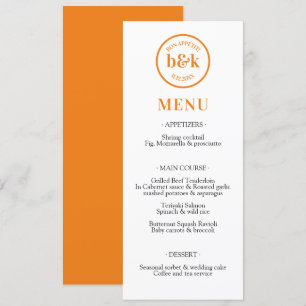 Modernes Minimalistisches Orange Wedding MENU Menükarte