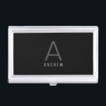 Modernes Minimalistisches Personalisiertes Schwarz Visitenkarten Dose<br><div class="desc">Moderne personalisierte Visitenkartenhalterung in Silber und Schwarz mit einem dünnen Sans-Serif Schriftart Monogramm Initial und Name sieht beruflich und dezent und minimalistisch aus.</div>