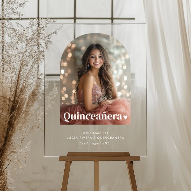 Modernes Minimalistisches Quinceañera Artes Foto Acrylschild (Zazzle Modern Minimalist Quinceañera Arched Photo  Acrylic Sign)