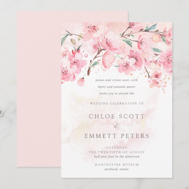 Modernes Minimalistisches rosa Kirschblossom Weddi Einladung (Vorne/Hinten)