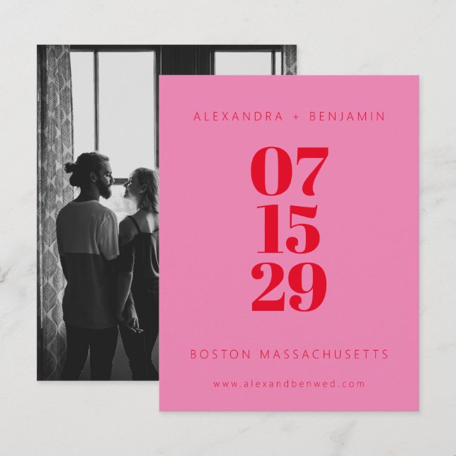 Modernes Minimalistisches Rosa und Rotes Volles Fo Save The Date (Vorne/Hinten)