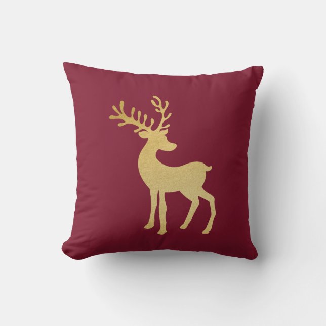 Modernes Minimalistisches Rotes & Goldenes Rentier Kissen (Vorderseite)