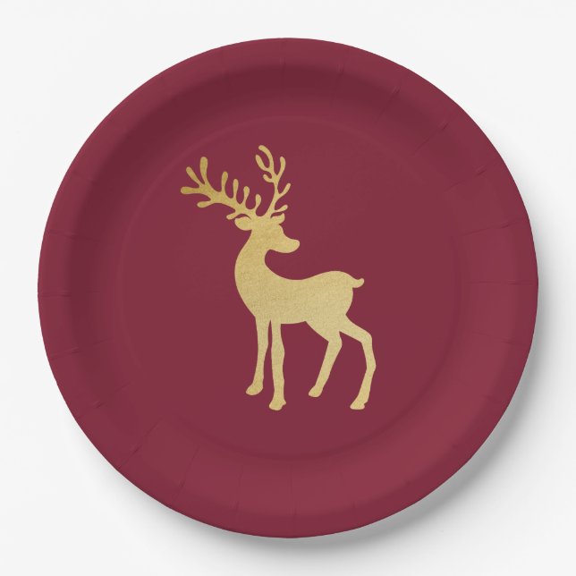 Modernes Minimalistisches Rotes & Goldenes Rentier Pappteller (Vorderseite)