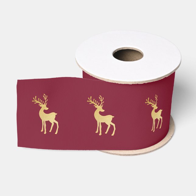 Modernes Minimalistisches Rotes & Goldenes Rentier Ripsband (Spule)