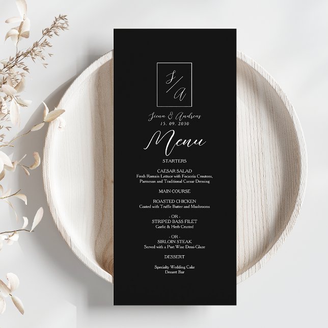 Modernes Minimalistisches Schwarz-Weiß-Hochzeitmen Menükarte (Von Creator hochgeladen)