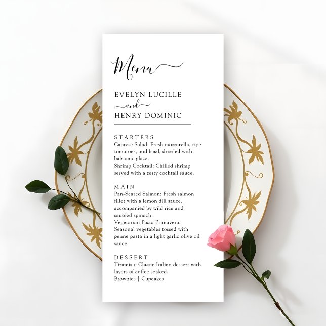 Modernes Minimalistisches Schwarz-Weiß-Hochzeitses Menükarte (Von Creator hochgeladen)