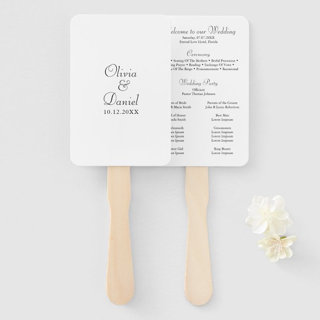 Modernes Minimalistisches Schwarz-Weiß-Hochzeitspr Fächer (Vorne und Hinten)