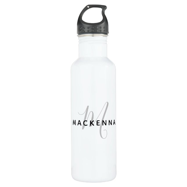 Modernes Minimalistisches Schwarz-Weiß-Monogramm Edelstahlflasche (Vorderseite)
