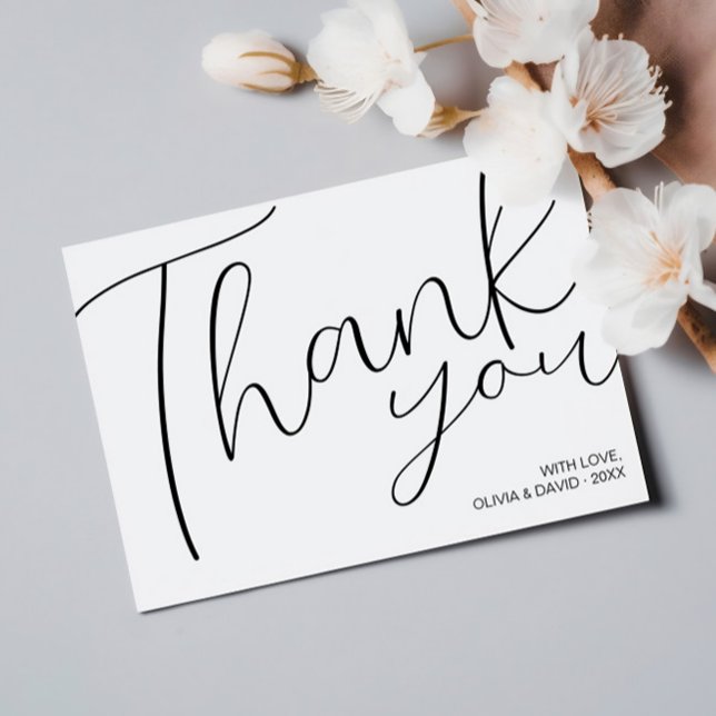 Modernes Minimalistisches Schwarz-Weiß-Script Dankeskarte (Modern Minimalist Black and White Script Thank You Card by MINTIC DESIGN STUDIO)