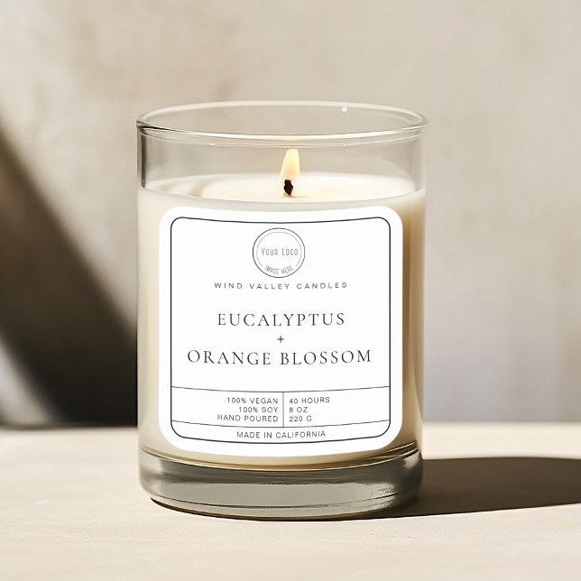 Modernes, minimalistisches Schwarz-weißes Logo-Ker Quadratischer Aufkleber (Modern minimalist candle jar label black and white simple with logo)