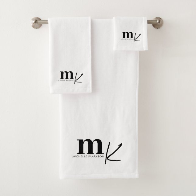 Modernes Minimalistisches Schwarz-weißes Monogramm Badhandtuch Set (Insitu)