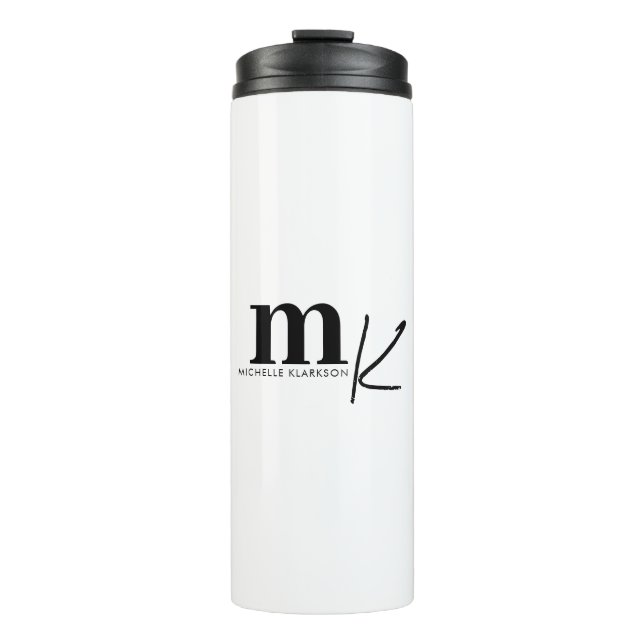 Modernes Minimalistisches Schwarz-weißes Monogramm Thermosbecher (Vorderseite)