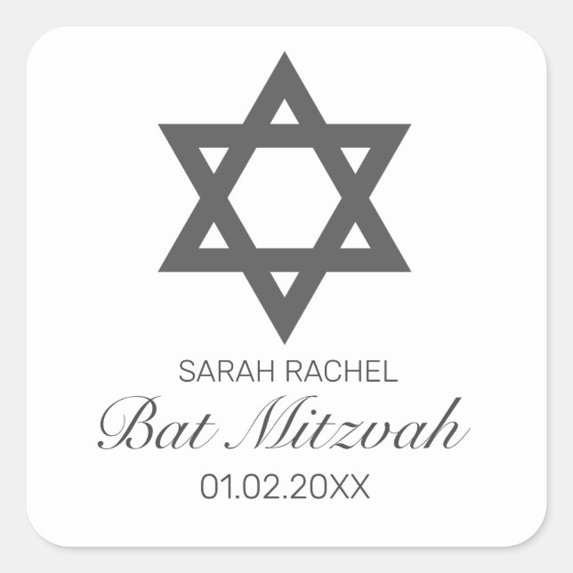 Modernes Minimalistisches Schwarzes Bar Bat Mitzva Quadratischer Aufkleber (Vorderseite)