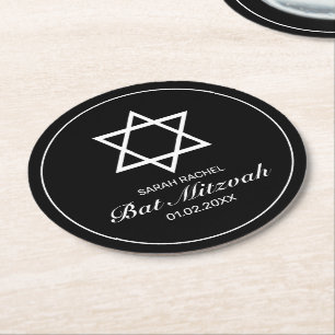 Modernes Minimalistisches Schwarzes Bar Bat Mitzva Runder Pappuntersetzer