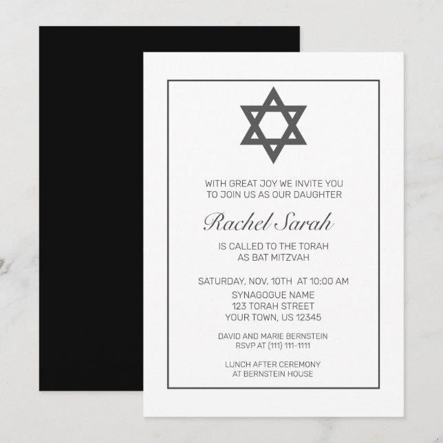 Modernes Minimalistisches Schwarzes Bat Mitzvah Einladung (Vorne/Hinten)