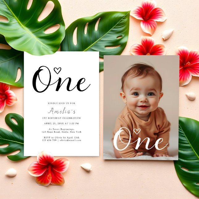 Modernes Minimalistisches Schwarzes Foto 1. Geburt Einladung (Von Creator hochgeladen)