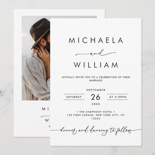 Modernes Minimalistisches Script Black & White Wed Einladung (Vorne/Hinten)