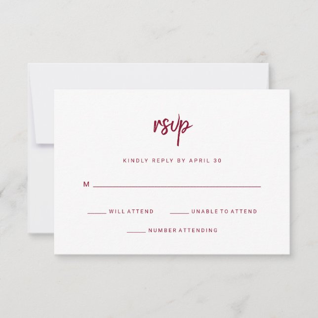 Modernes Minimalistisches Script Burgundy auf Whit RSVP Karte (Vorderseite)