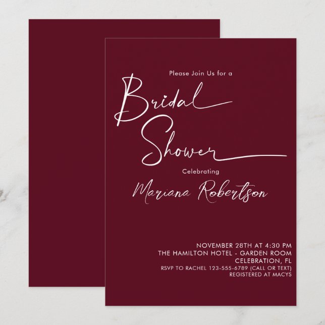 Modernes Minimalistisches Script Burgundy Brautpar Einladung (Vorne/Hinten)