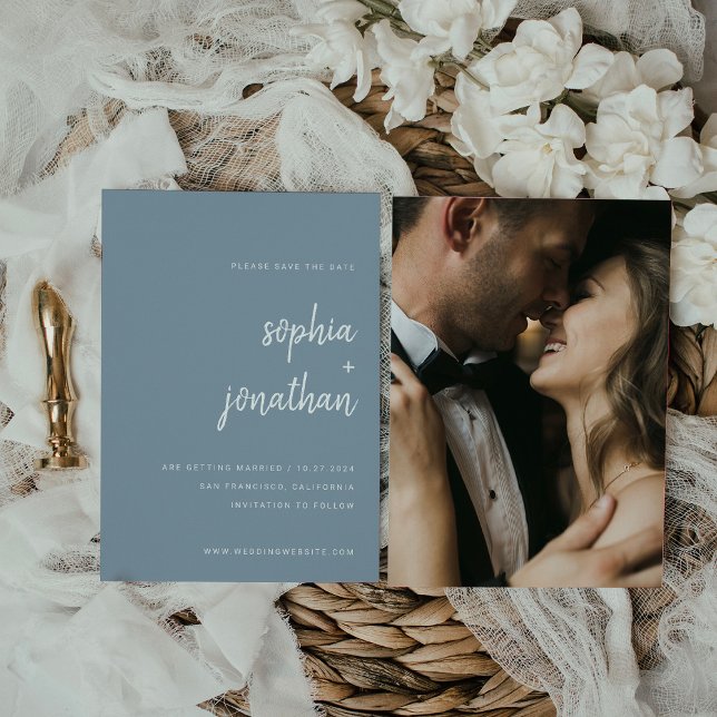 Modernes Minimalistisches Script Dusty Blue | Foto Save The Date (Von Creator hochgeladen)