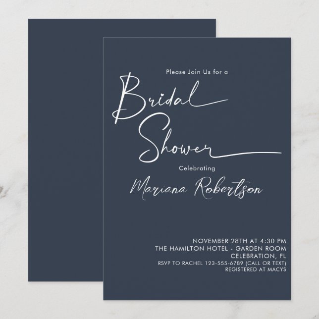 Modernes Minimalistisches Script Navy Blue Brautpa Einladung (Vorne/Hinten)