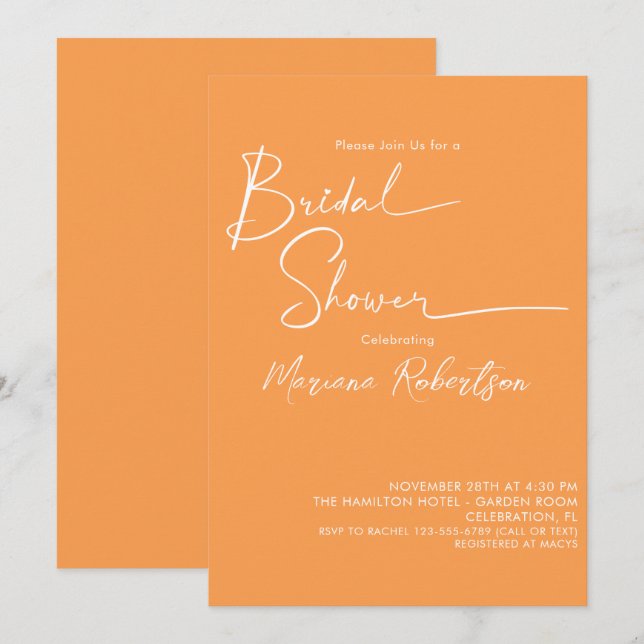 Modernes Minimalistisches Script Orange Brautparty Einladung (Vorne/Hinten)