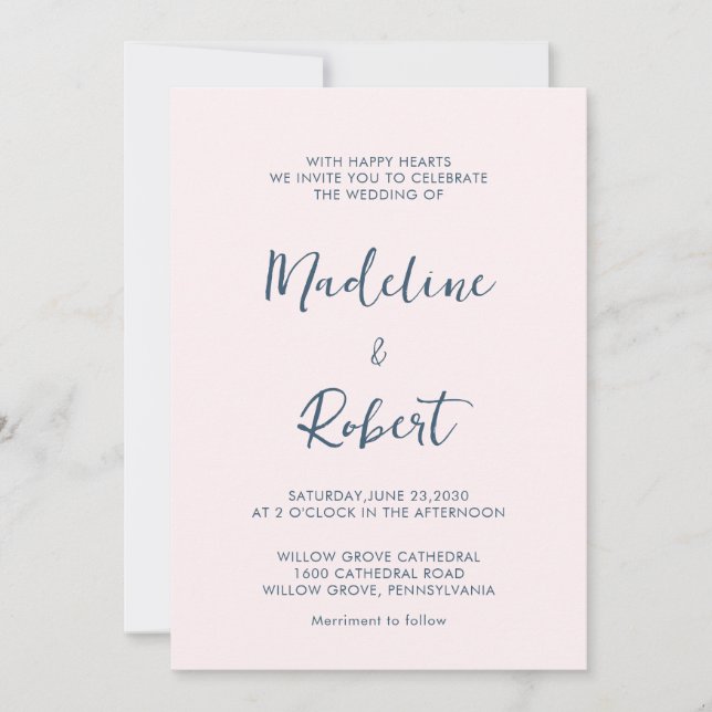 Modernes Minimalistisches Script Pink Blue Wedding Einladung (Vorderseite)