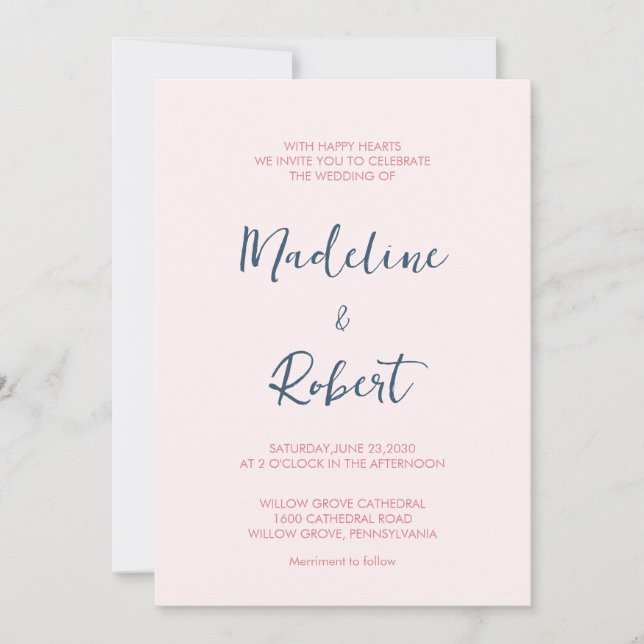 Modernes Minimalistisches Script Pink Blue Wedding Einladung (Vorderseite)