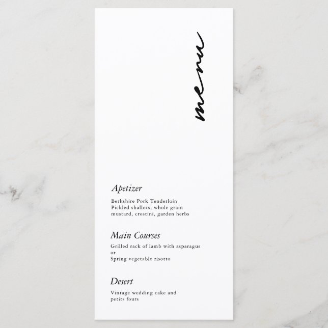 Modernes Minimalistisches SkriptWedding Menu Menükarte (Vorderseite)