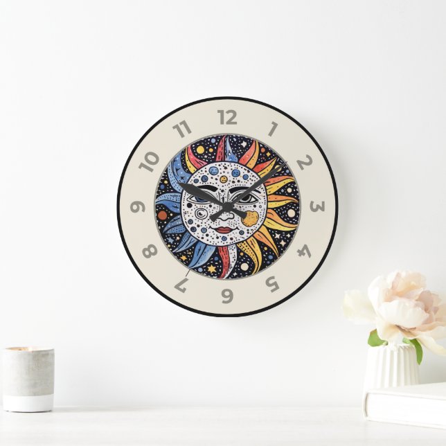 Modernes Minimalistisches Sonnenmongramm Große Wanduhr (Zuhause)