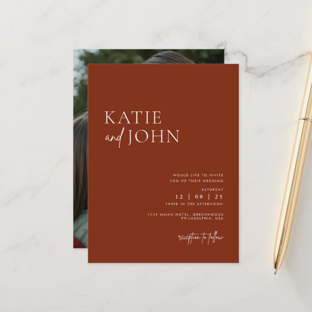 Modernes Minimalistisches Terracotta Boho Wedding  Ankündigungspostkarte (Vorderseite/Rückseite Beispiel)