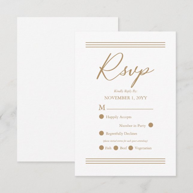 Modernes Minimalistisches Weiß | Antiquitätengolde RSVP Karte (Vorne/Hinten)