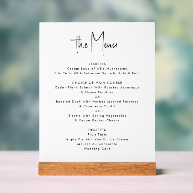 Modernes, Minimalistisches Weißes Hochzeitmenü Acrylschild (Neutral)