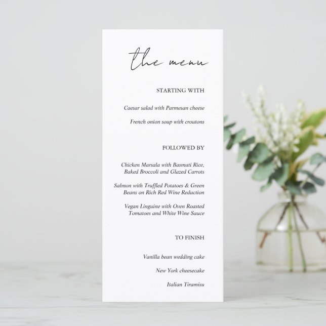 Modernes Minimalistisches Weißes Hochzeitmenü Menükarte (Stehend Vorderseite)