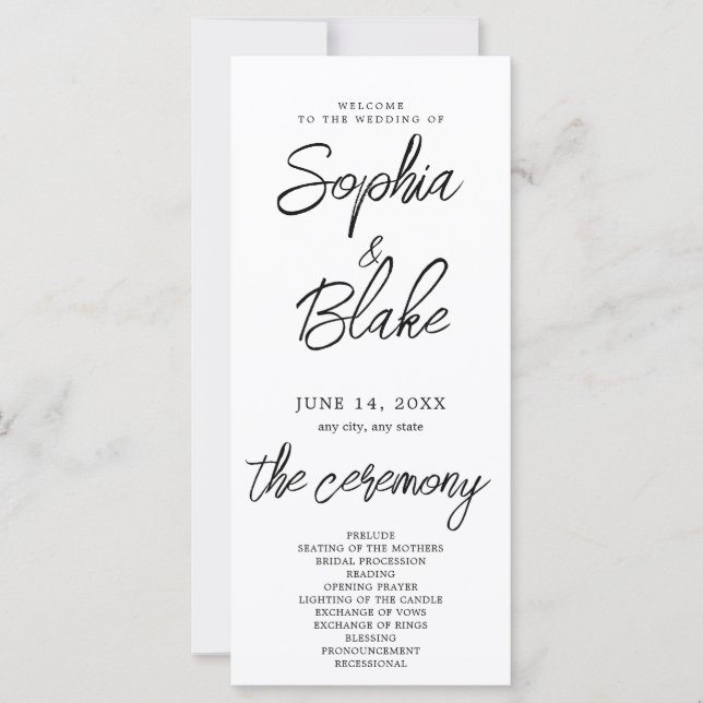 Modernes minimalistisches weißes Hochzeitsprogramm (Vorderseite)