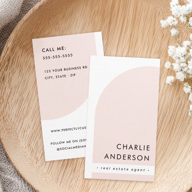 Modernes, minimalistisches weißes Licht in Rosa Visitenkarte (Modern minimalist arch white light blush pink business card)
