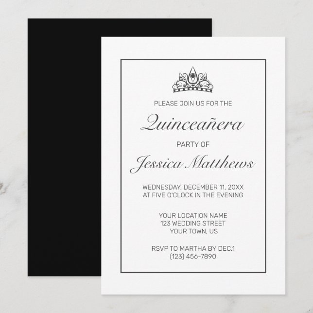 Modernes Minimalistisches Weißes Schwarzes Quinceñ Einladung (Vorne/Hinten)