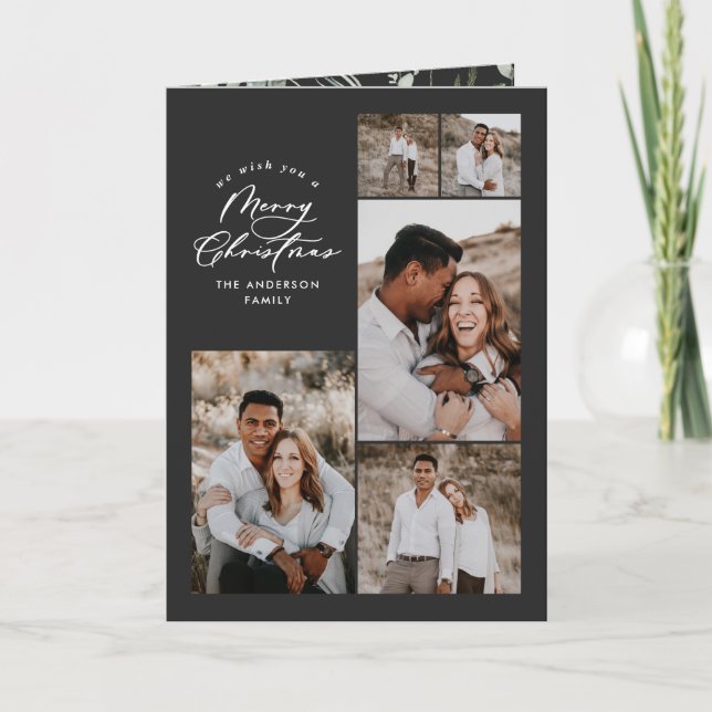 Modernes, minimalschwarzes Multi-Foto Weihnachten Dankeskarte (Vorderseite)