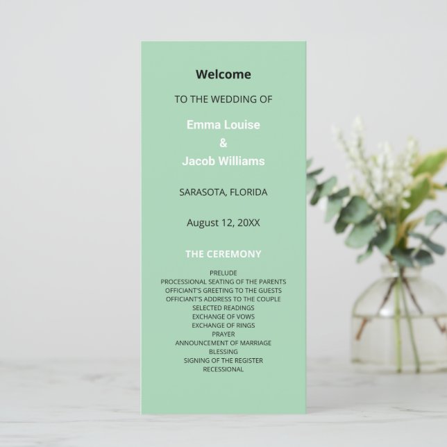 Modernes Mint Green Wedding Programm (Stehend Vorderseite)