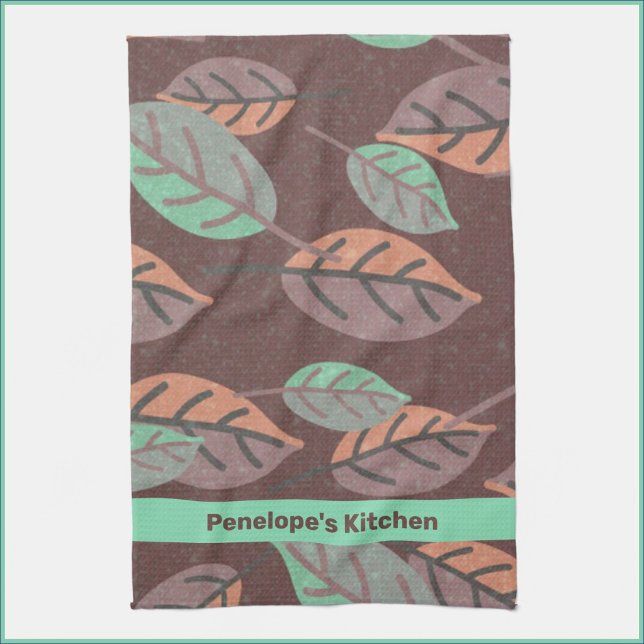 Modernes Minze grünes Orange und Lila Blätter Geschirrtuch (Von Creator hochgeladen)