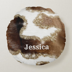 Modernes Mit Monogramm Cowhide-Muster mit Fake Gli Rundes Kissen