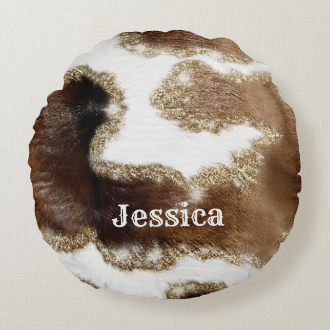 Modernes Mit Monogramm Cowhide-Muster mit Fake Gli Rundes Kissen (Vorderseite)