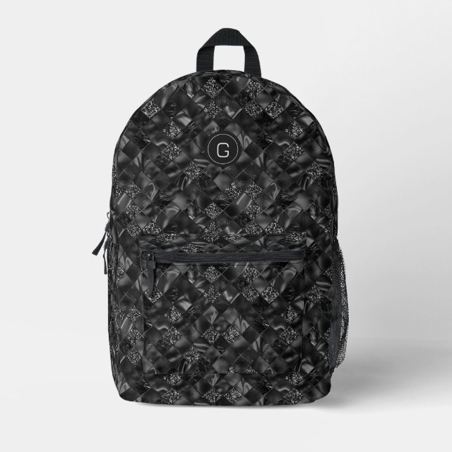 Modernes Mit Monogramm Luxus Schwarzes Glitzer Mus Bedruckter Rucksack (Vorderseite)