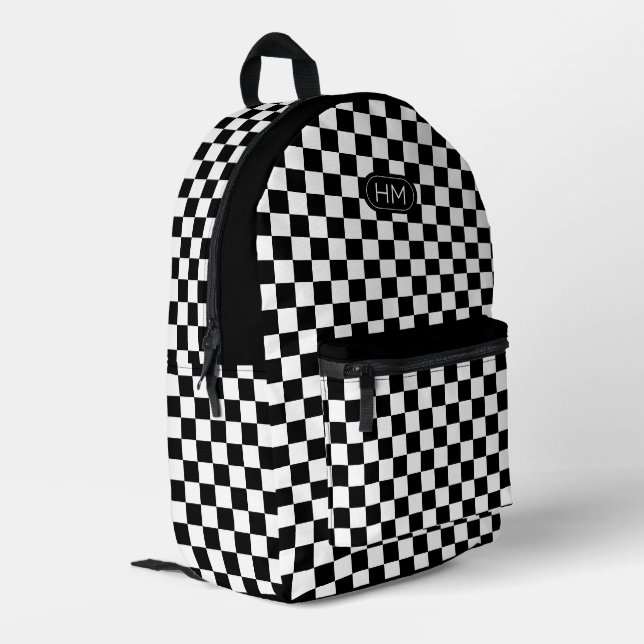Modernes Mit Monogramm Schwarz-Weiß-Karo-Muster Bedruckter Rucksack (Rückseitige Ecke links)