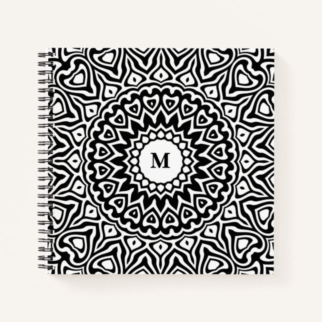 Modernes Mit Monogramm Schwarz-Weiß-Mandala-Muster Notizbuch (Vorderseite)